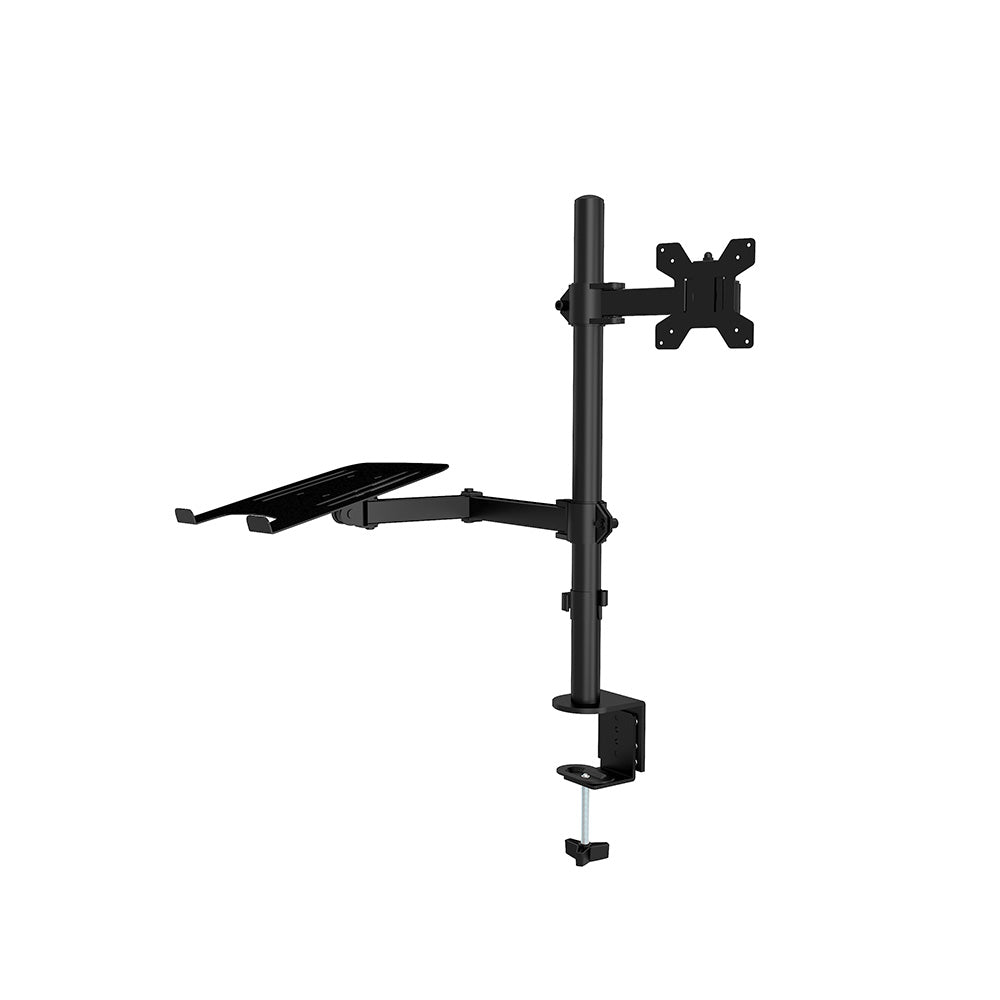 Monitorarm met laptophouder, close-up bevestiging