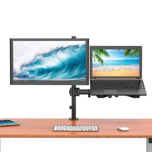 Monitorarm met laptophouder op bureau, zijaanzicht