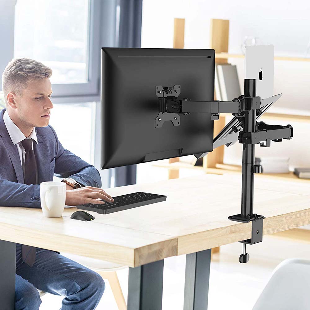 Monitorarm met laptophouder, klembevestiging detail